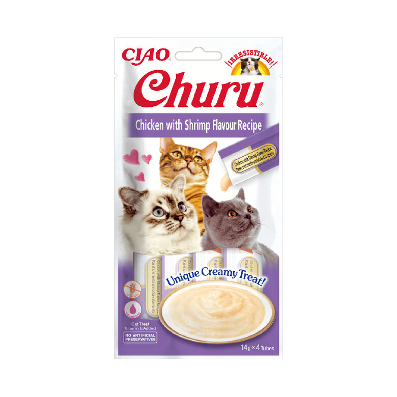 4 saquetas x 14 g Churu Snack Cremoso de Frango com Gambas para gatos,  Imagem número 1 4 saquetas x 14 g Churu Snack Cremoso de Frango com Gambas para gatos, , large Imagem número 1